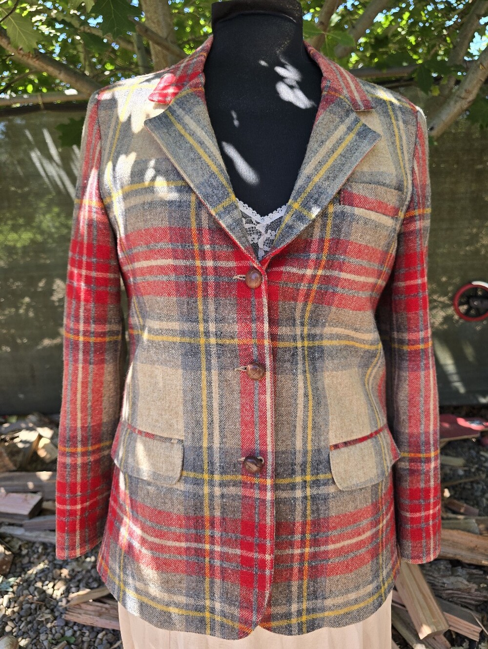 Vtg 70's Plaid Wool Blend Red Gray Tan Blazer Jacket Retro Equestrian Heritage